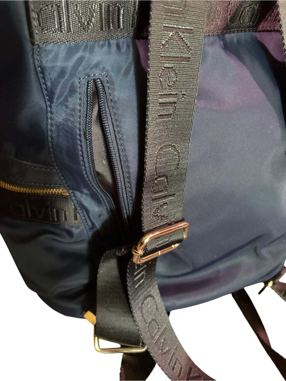 Calvin Klein Navy Nylon & Leather Trim Flap Backpack | Gold Hardware - Picture 5 of 8